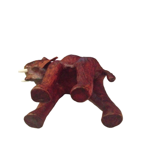 Vintage Leather Wrapped Elephant Statue Brown BoHo Unique African Home Decor - Picture 5 of 7